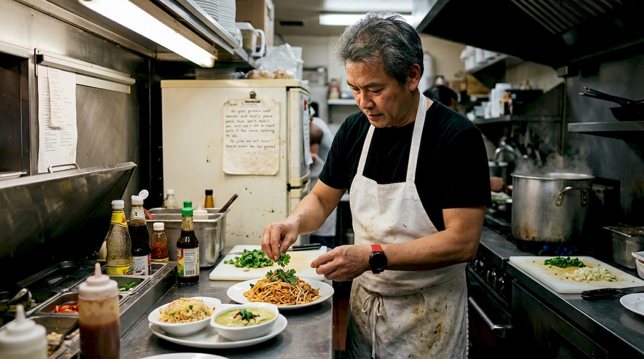 Chef plates Pad Thai and green curry