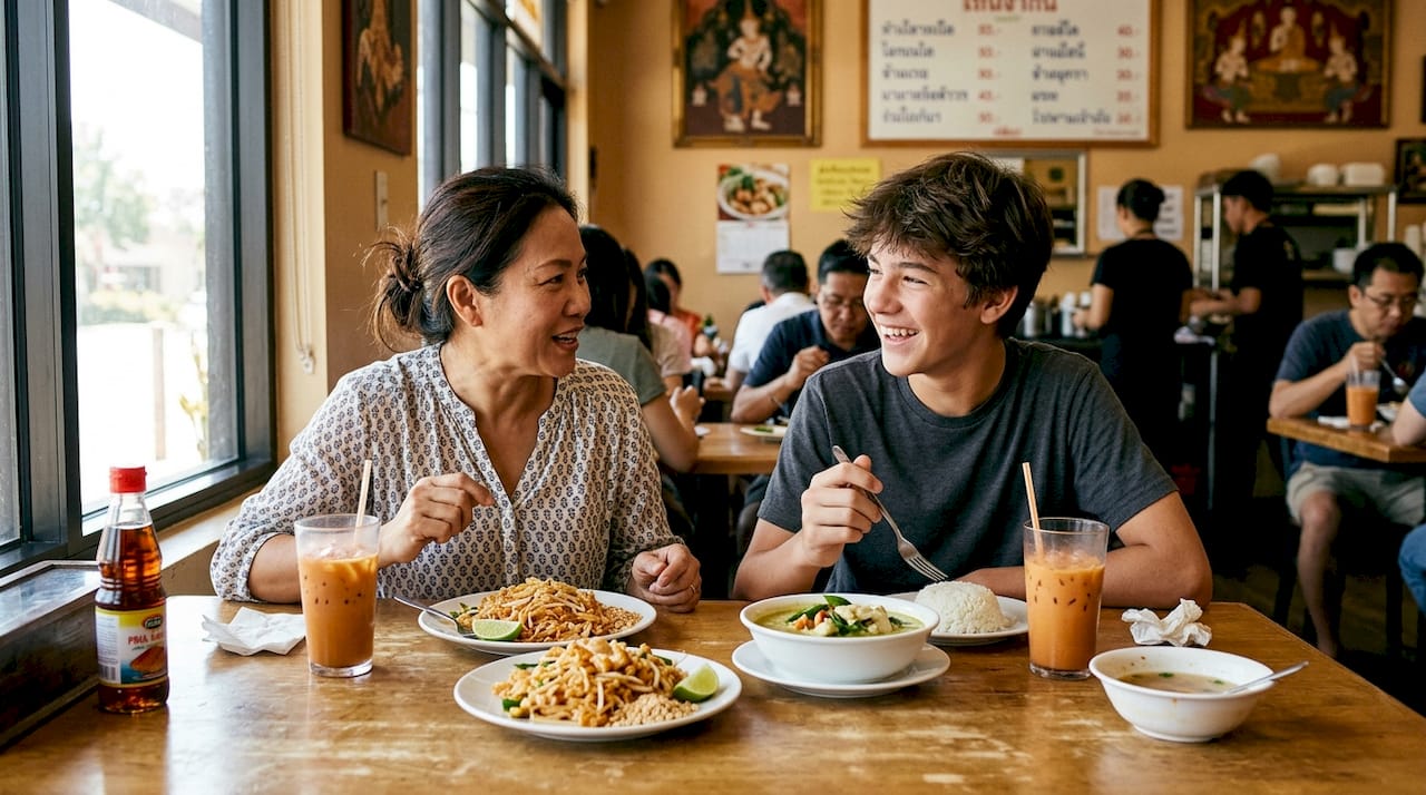 Mother and son share Thai lunch inside restaurant