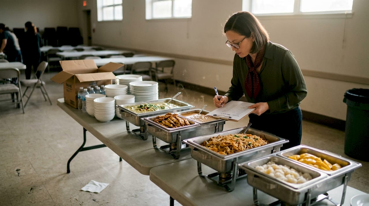 Coordinator checking Thai food catering delivery