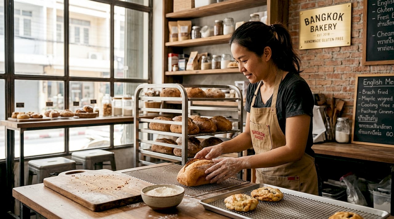 Baker with fresh gluten-free bread in Thai bakery
