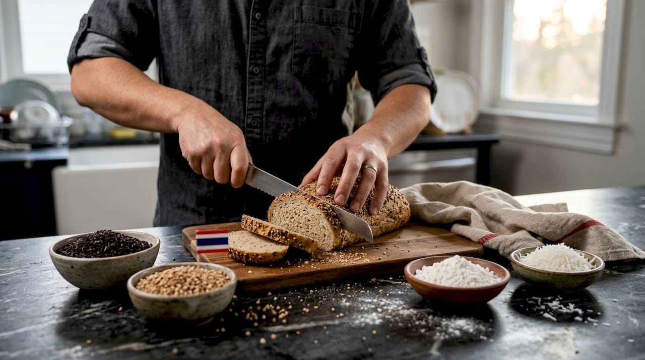 Hands slicing gluten-free bread with Thai grains