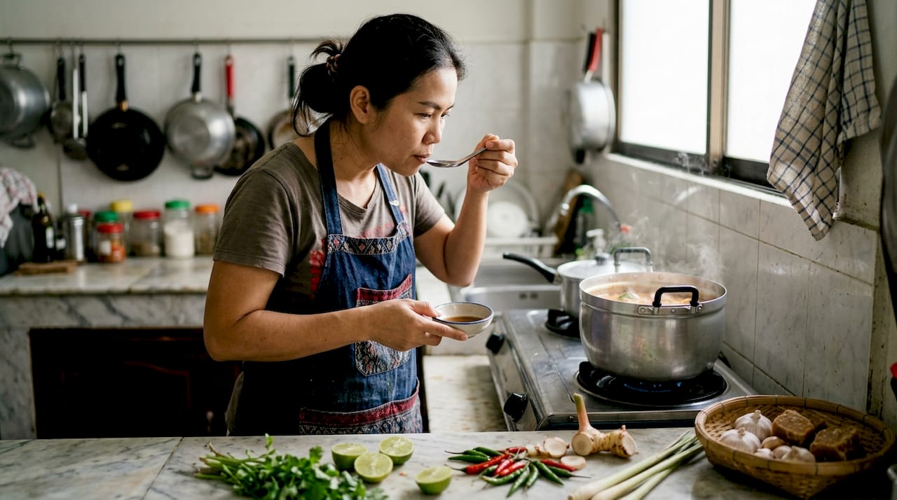 Thai chef tasting soup, adjusting flavors