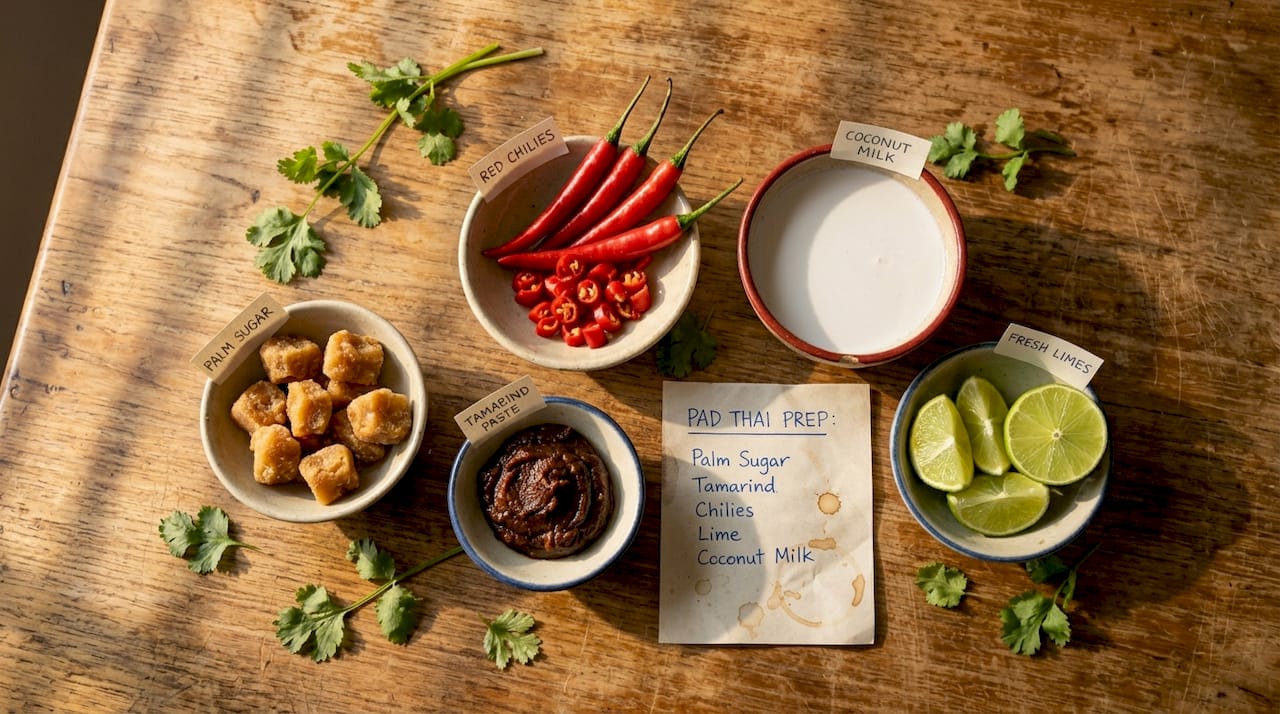 Thai ingredient bowls on wooden table