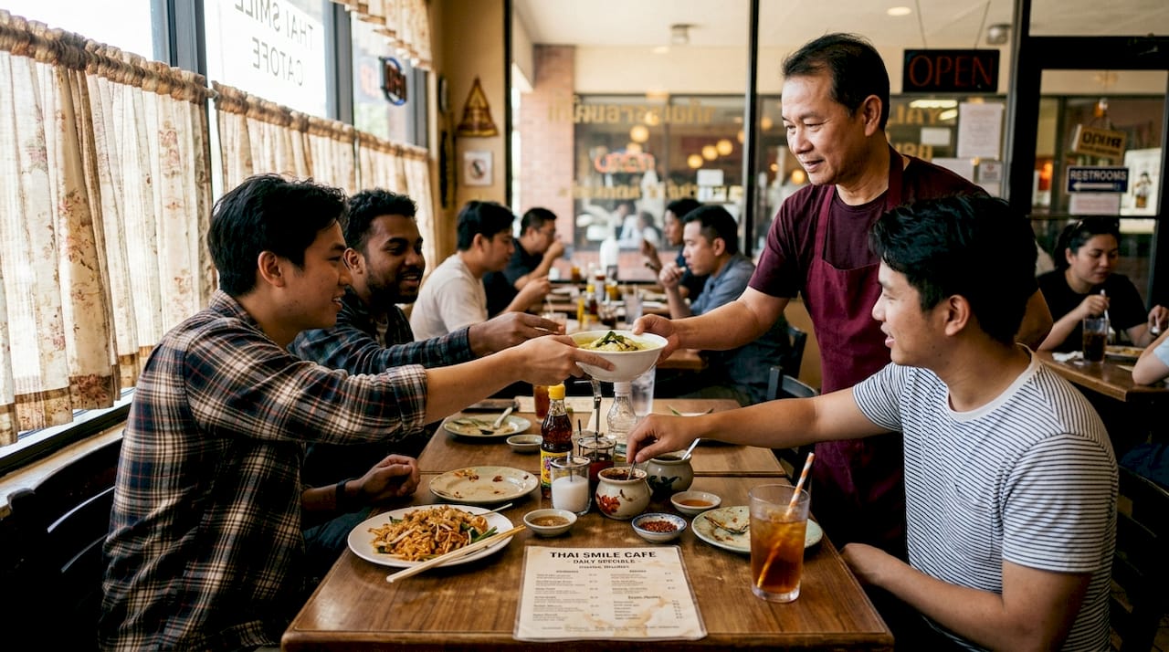 Server delivers Thai curry to diners