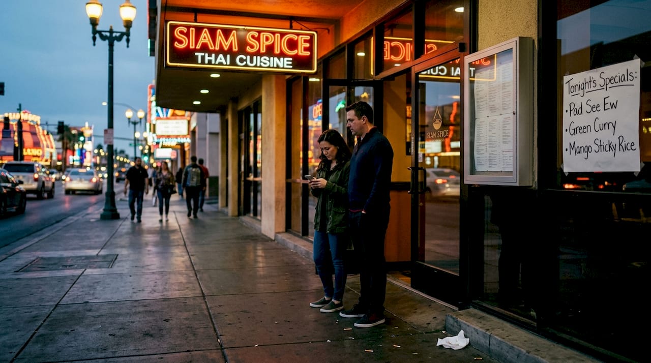 Exterior of Thai restaurant at dusk Las Vegas