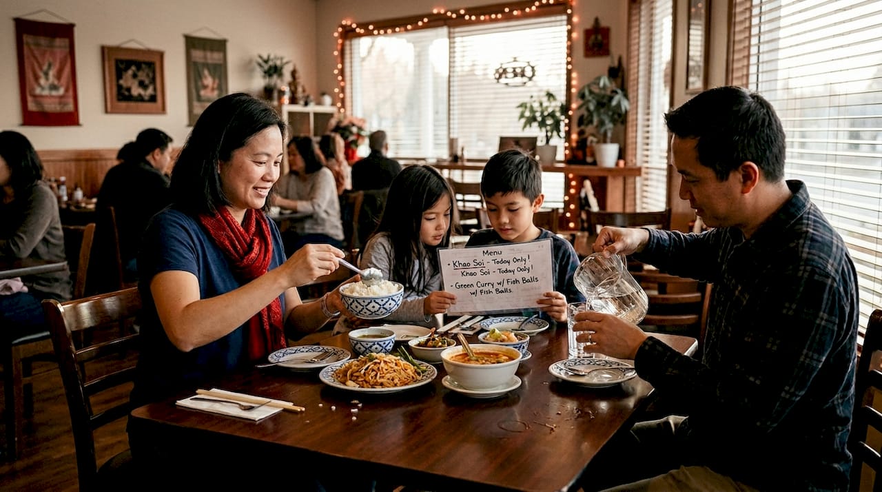 Inside Thai café, family having dinner