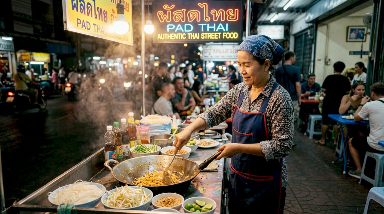 Chef cooking authentic Thai street food