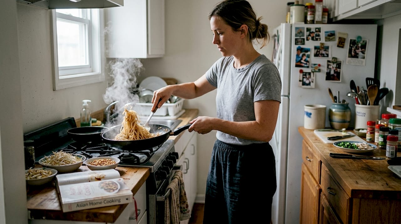 Home cook preparing Pad Thai noodles
