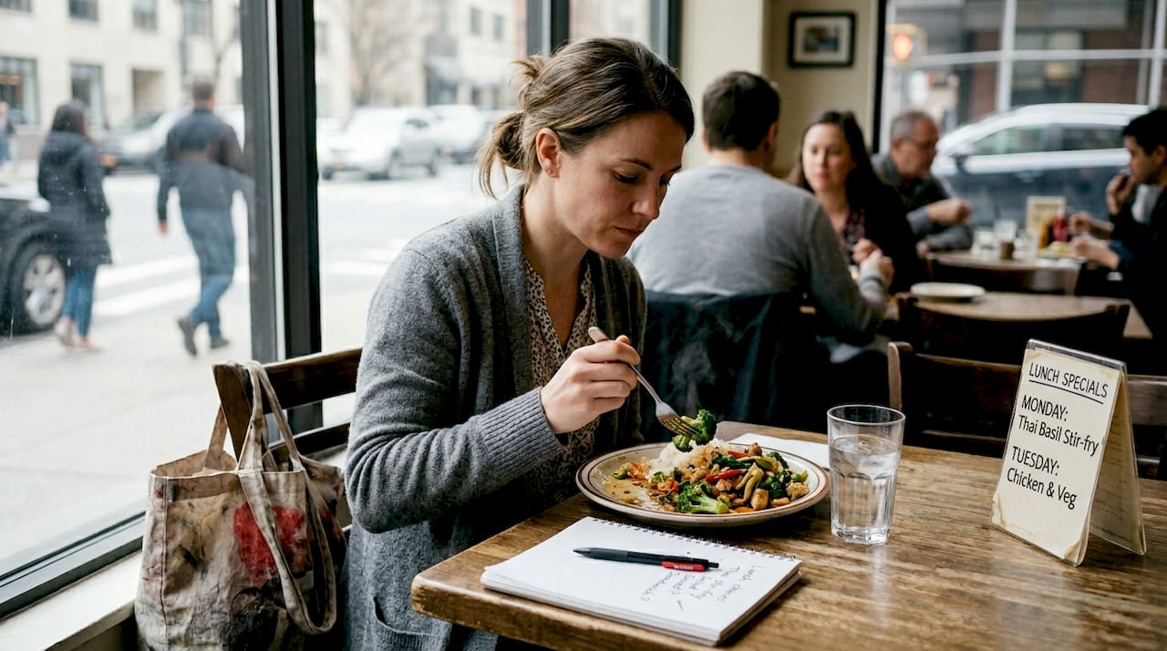 Woman enjoying healthy Thai lunch special