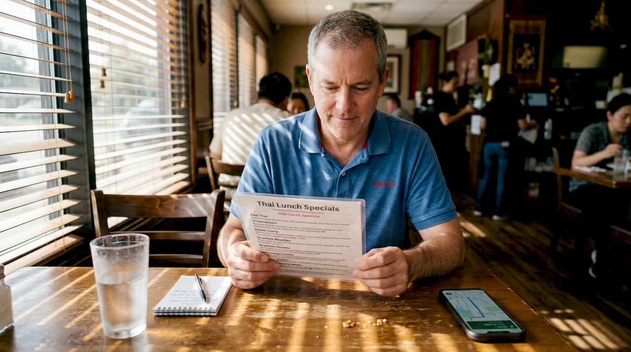 Man choosing lunch special at Thai restaurant