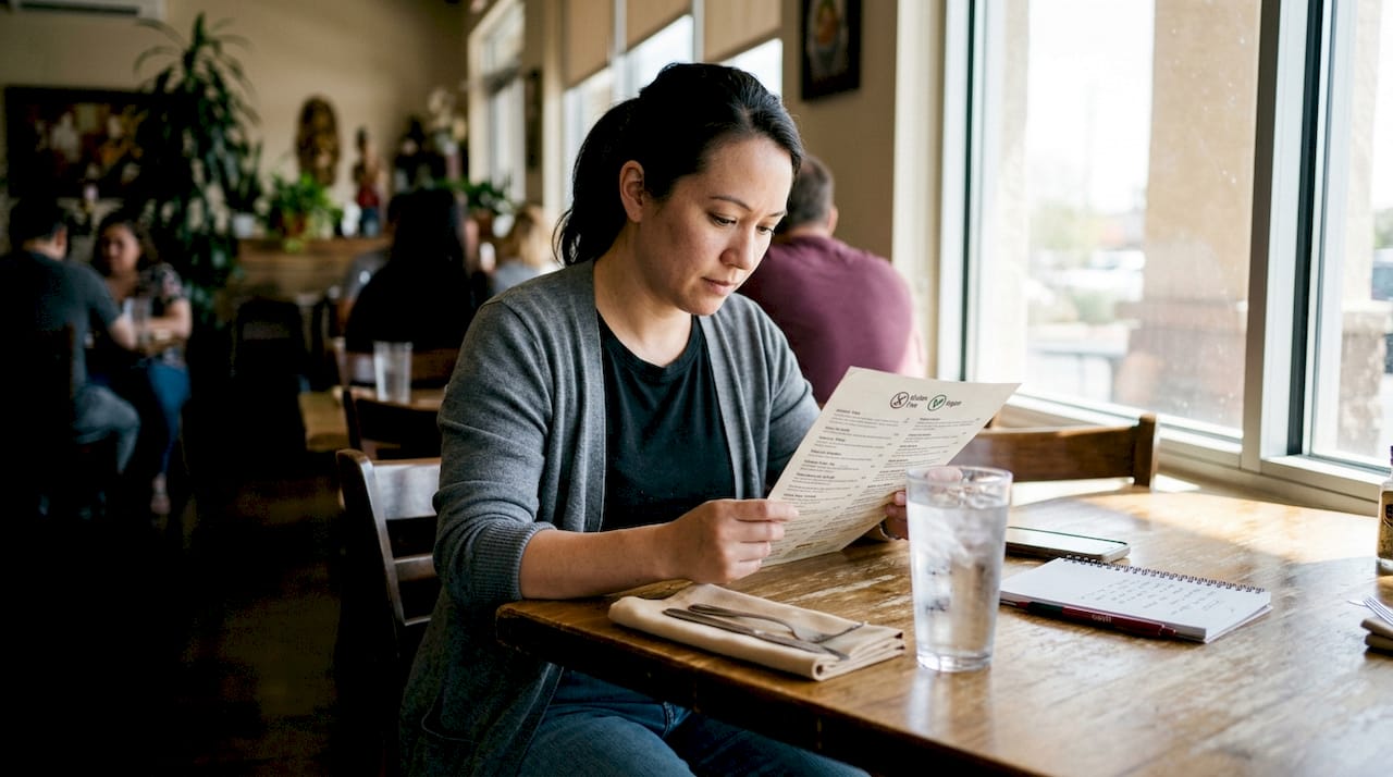 Woman checking GF vegan menu at Thai bistro