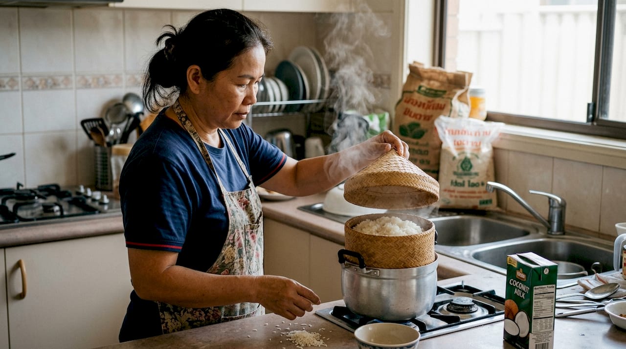 Home cook steaming Thai sticky rice in kitchen
