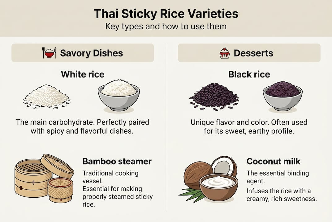 Infographic on Thai sticky rice types and uses