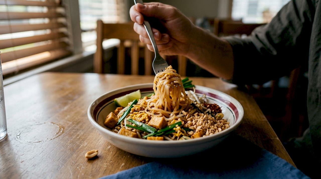 Close-up of Pad Thai textures and ingredients