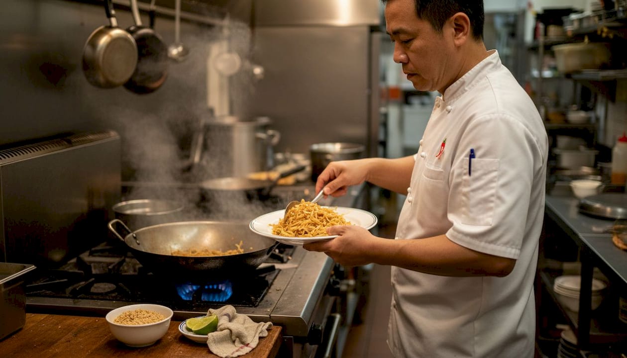 Chef plating classic Pad Thai in kitchen