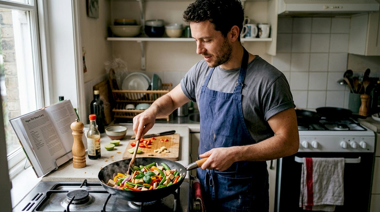 Man cooking vegan Thai stir fry at home