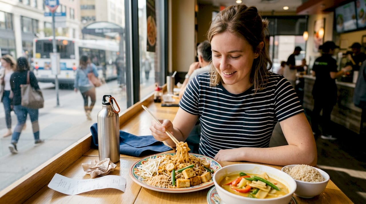 Woman eating vegan Pad Thai at restaurant