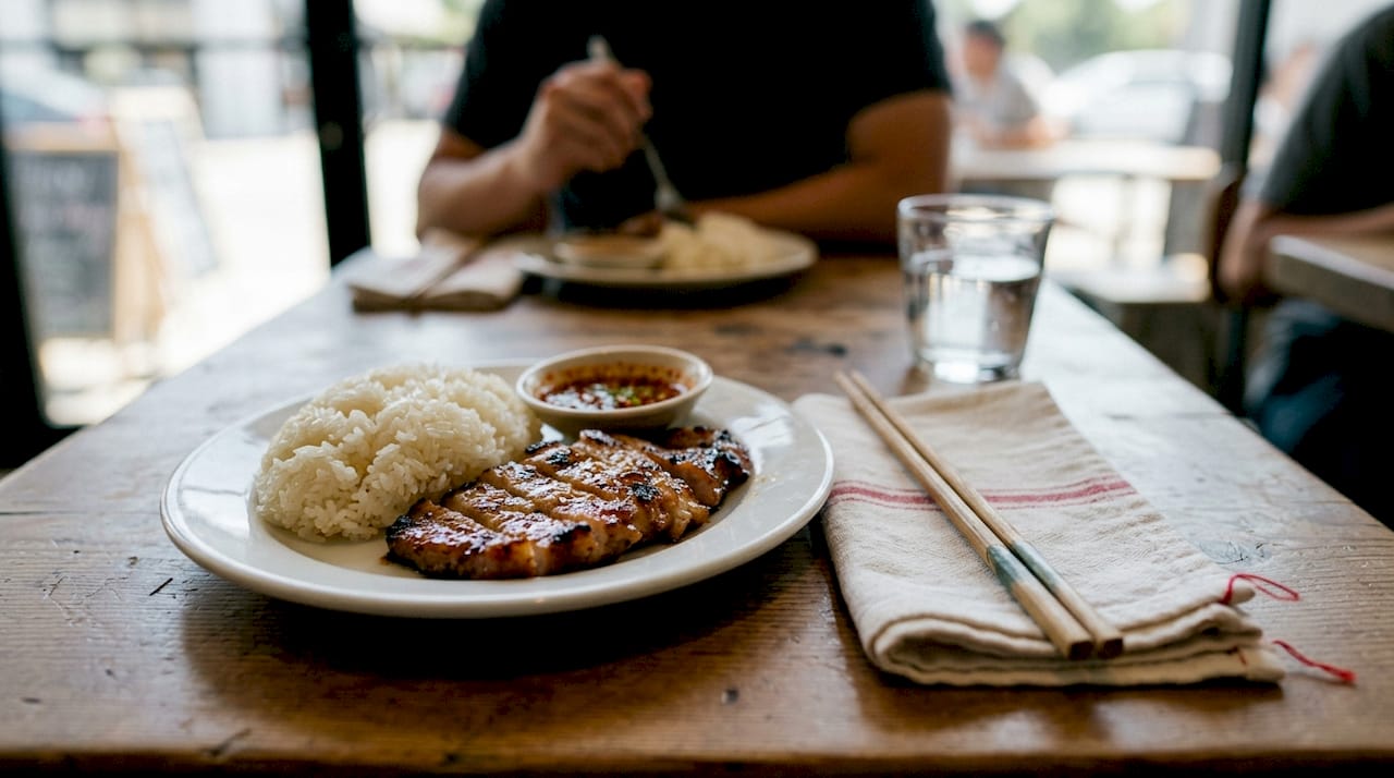 Sticky rice and grilled pork closeup