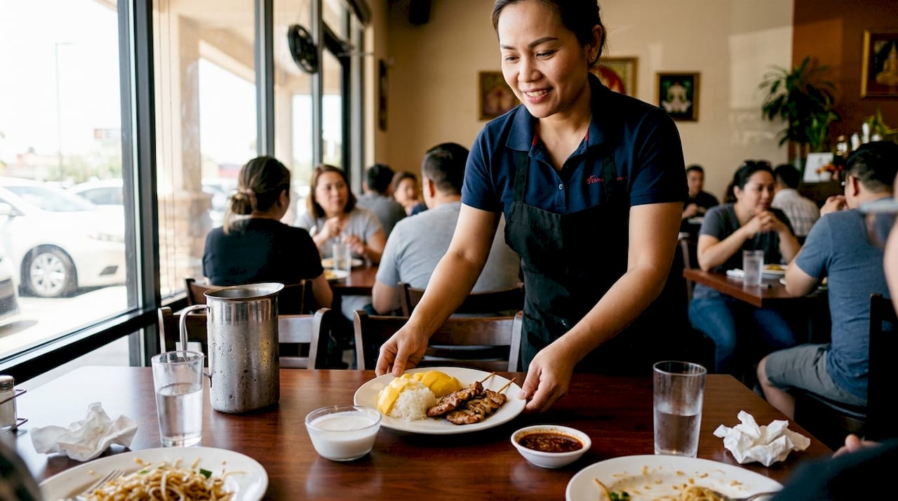 Server brings sticky Thai dishes to table