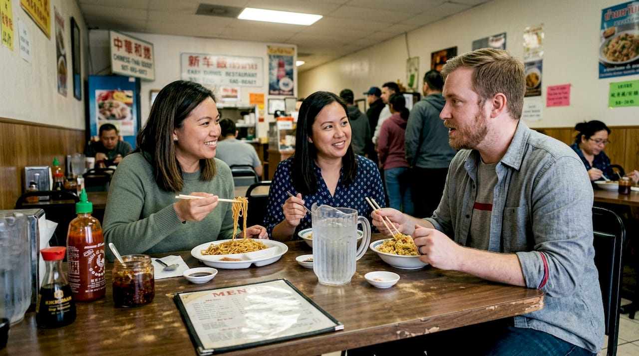 Coworkers eating lunch specials at busy restaurant