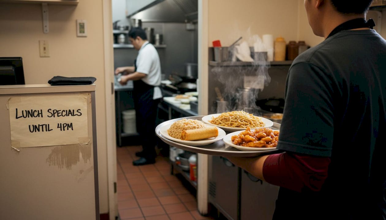 Server carries Chinese lunch combo meals