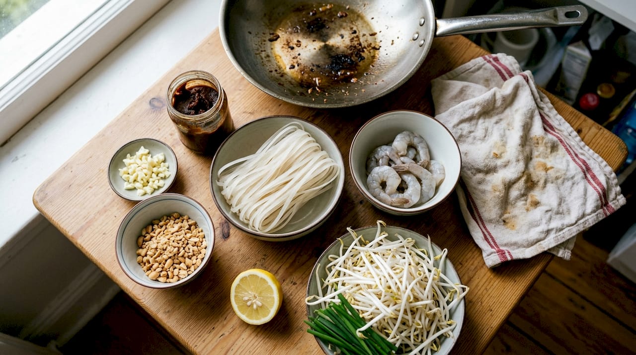Pad Thai ingredients organized on a kitchen table