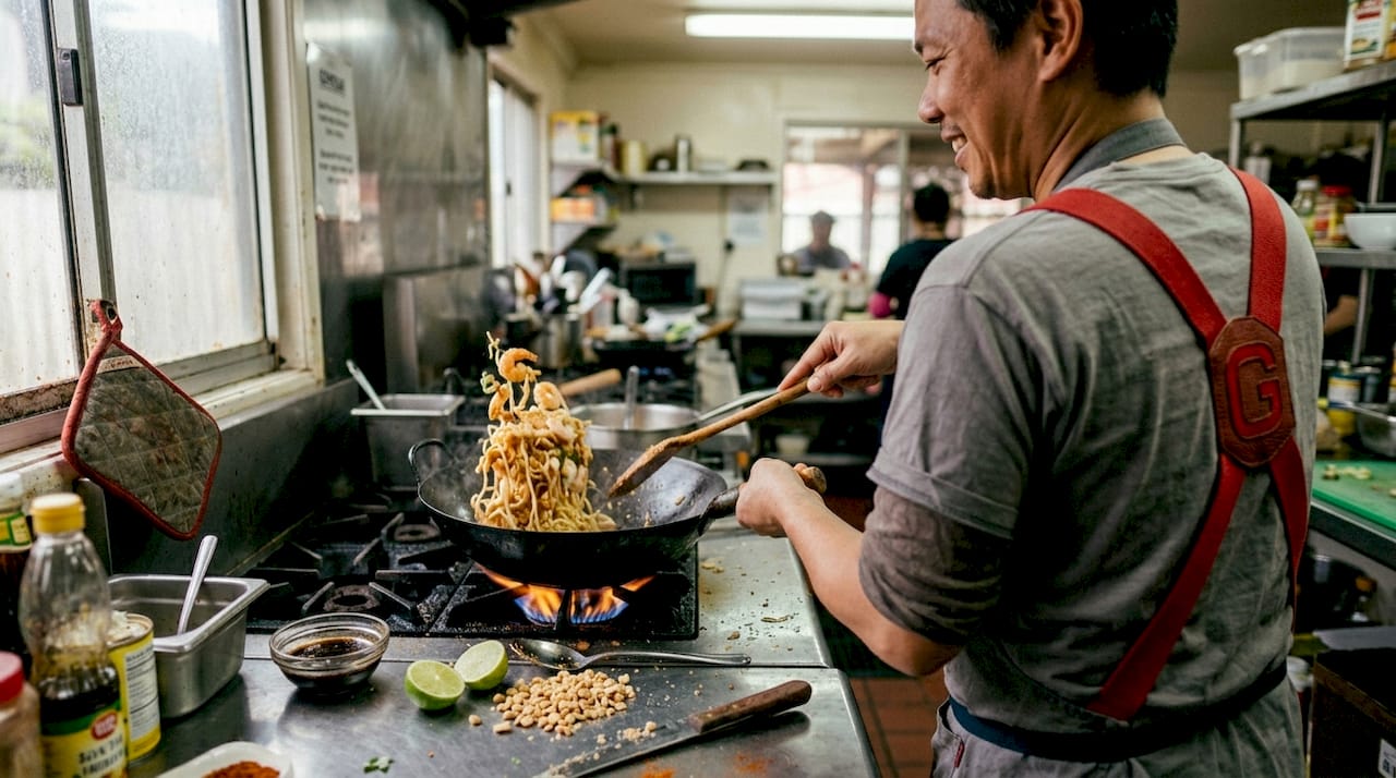 Thai cook stir-frying Pad Thai in home kitchen