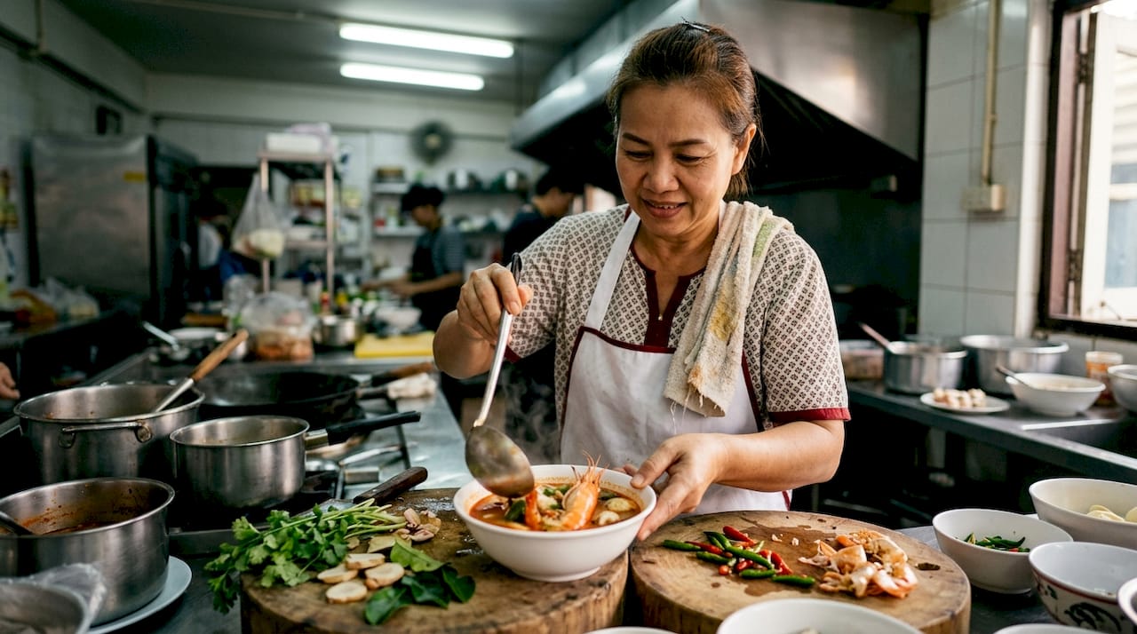 Chef ladling Tom Yum Kung soup in kitchen