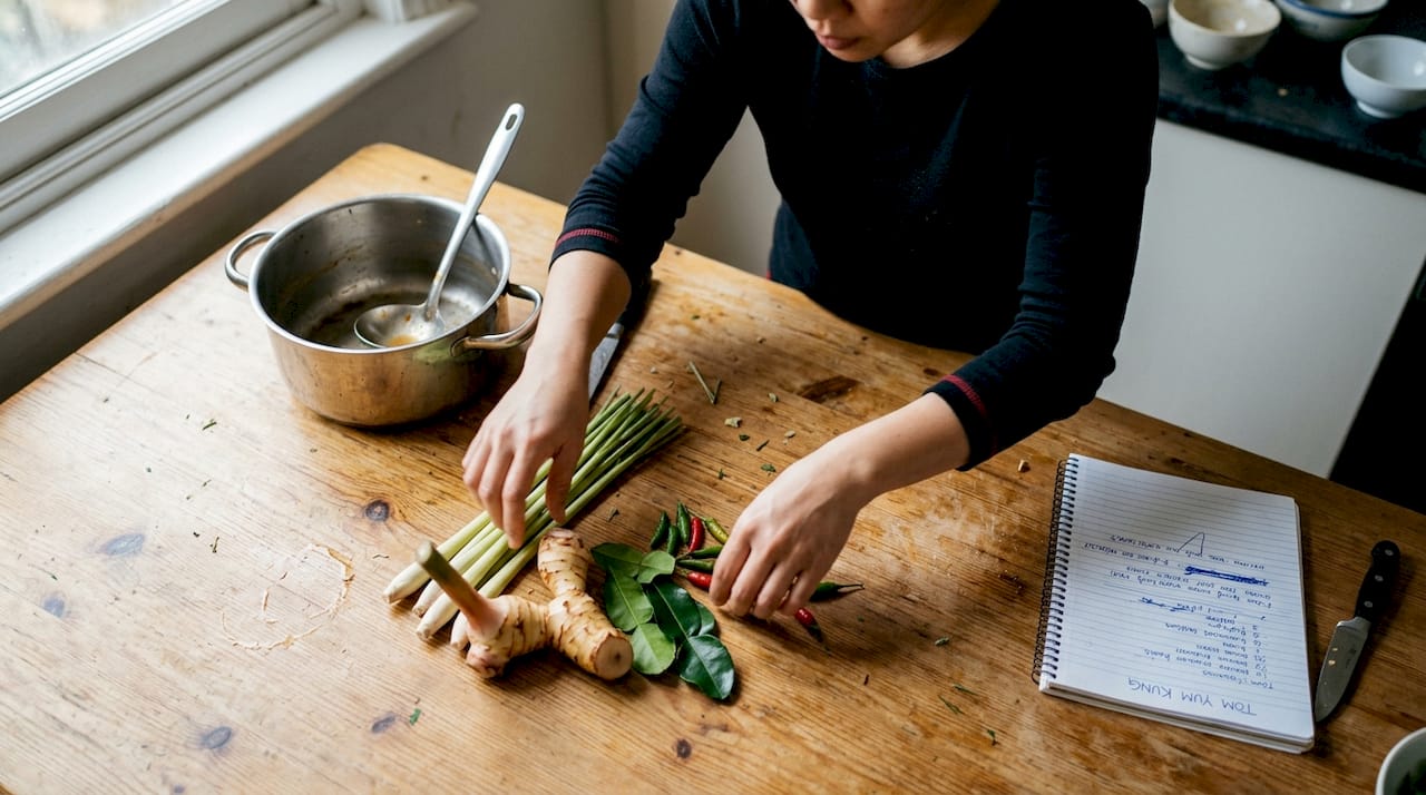 Hands arranging fresh Thai herbs and spices