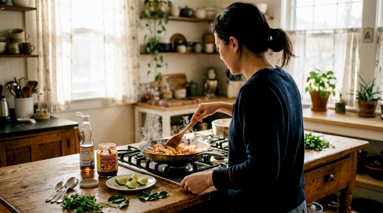 Home cook adds Tom Yum sauce to shrimp