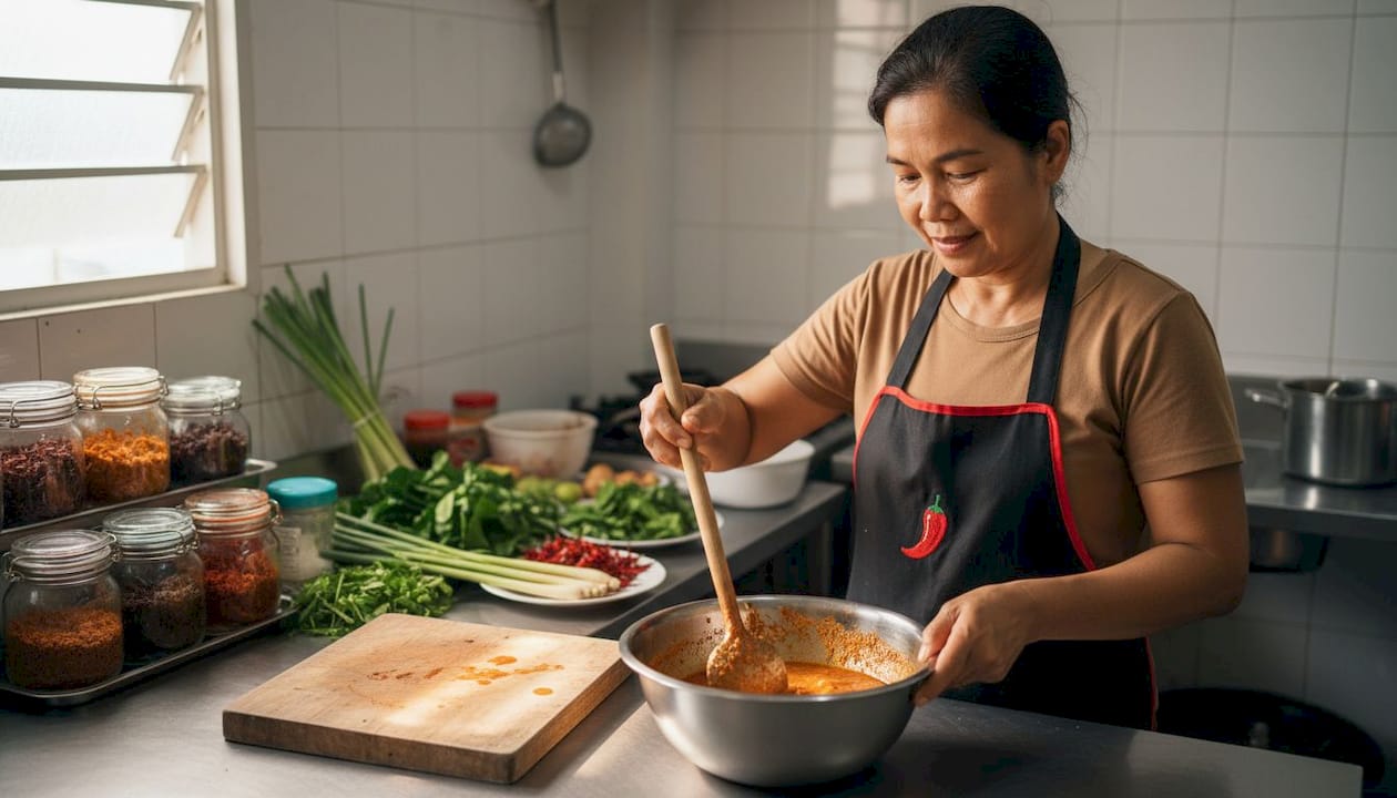 Cook making Tom Yum sauce in busy kitchen