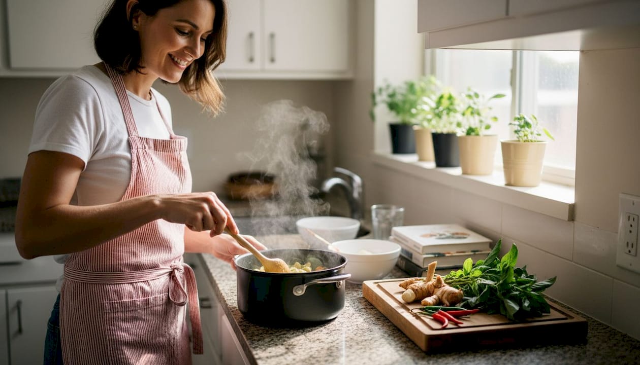 Woman making Thai food in home kitchen