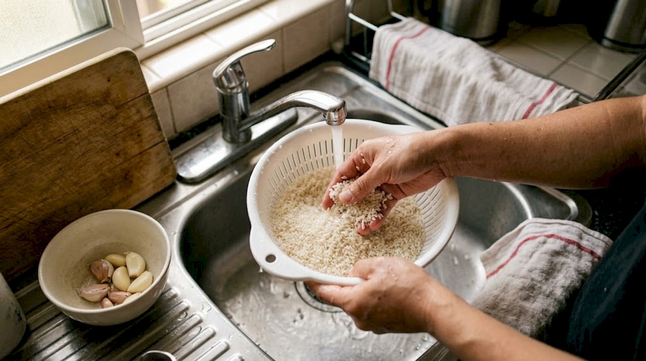 Hands rinsing jasmine rice in kitchen sink