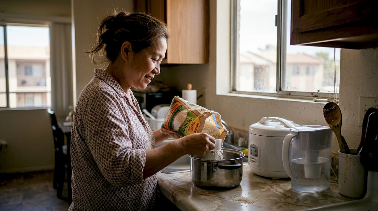 Woman cooking Thai rice in small apartment kitchen