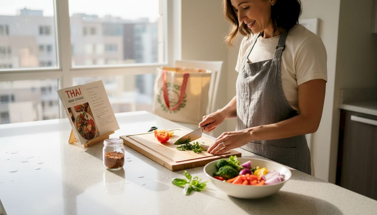 Woman prepping Thai food with fresh herbs