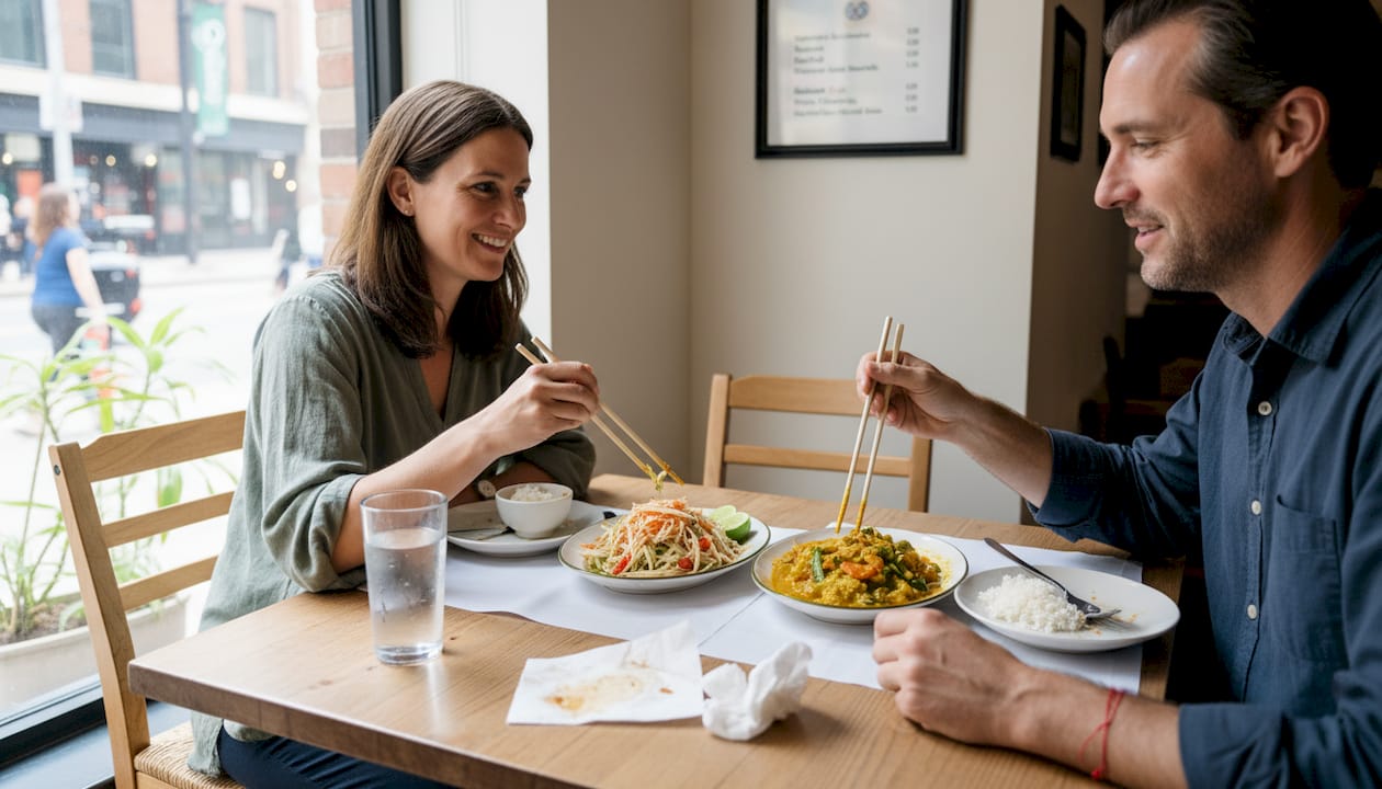 Diners sharing healthy Thai dishes at table