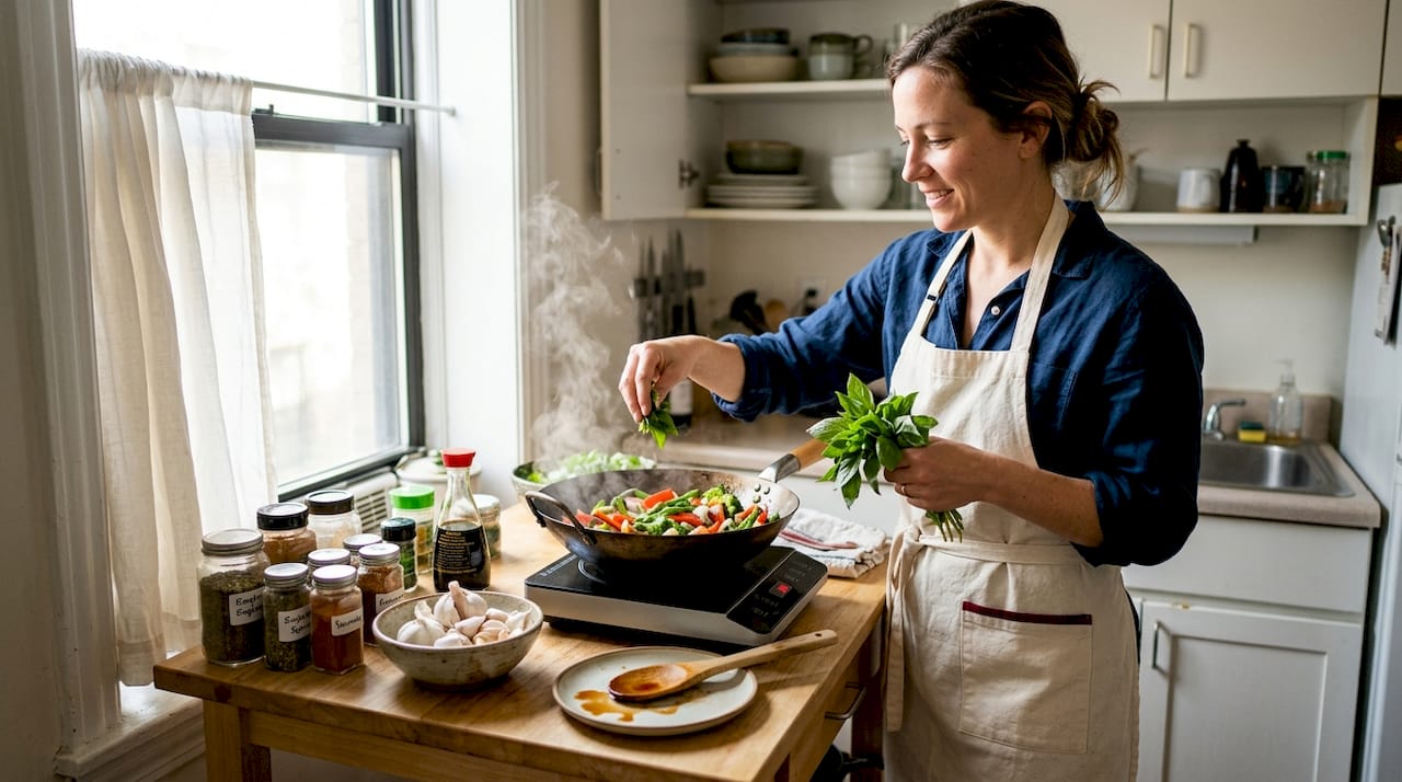 Home cook preparing Thai basil stir-fry