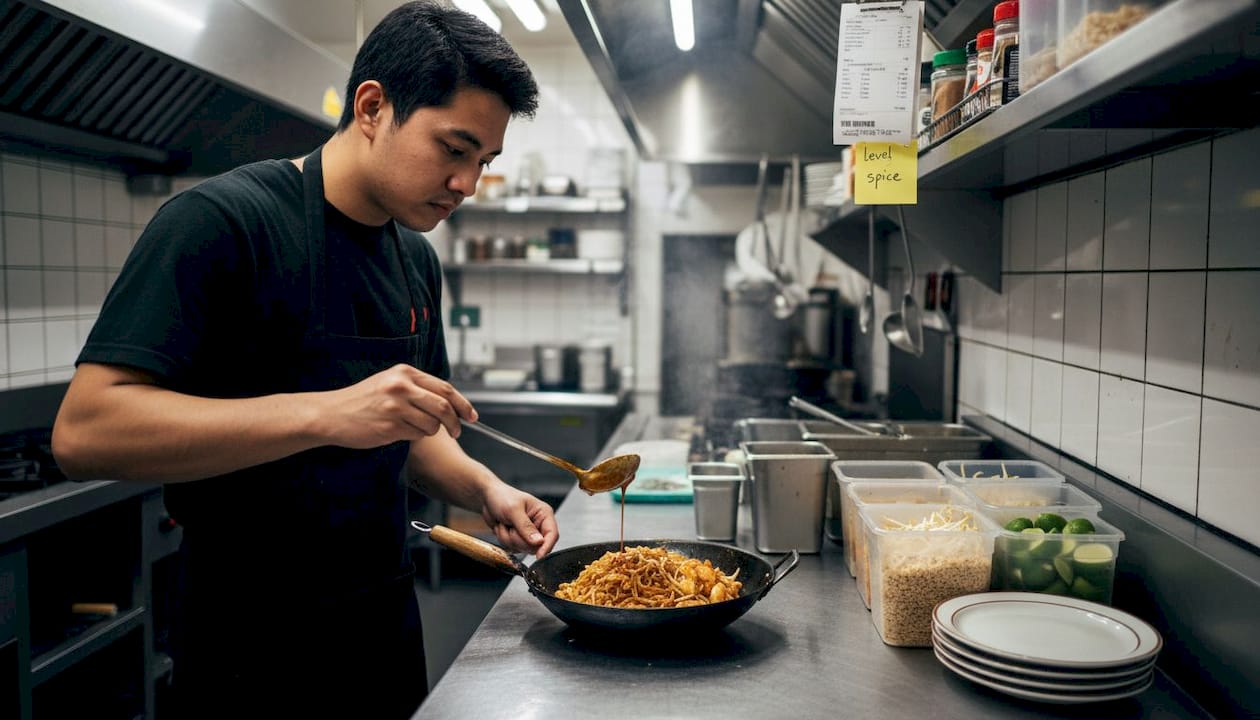 Cook preparing Pad Thai at restaurant kitchen