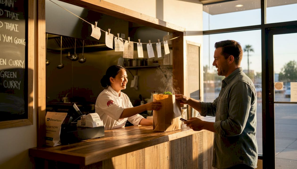 Chef passing Thai takeout at restaurant counter