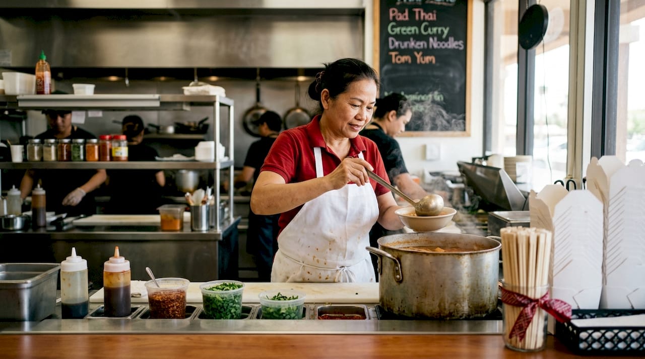 Thai chef preparing soup in busy restaurant