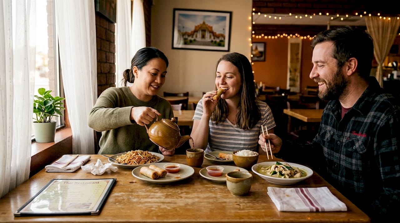 Friends sharing Thai food at restaurant table