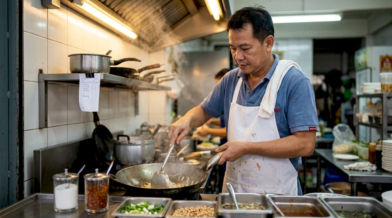 Chef preparing Pad Thai noodles in kitchen