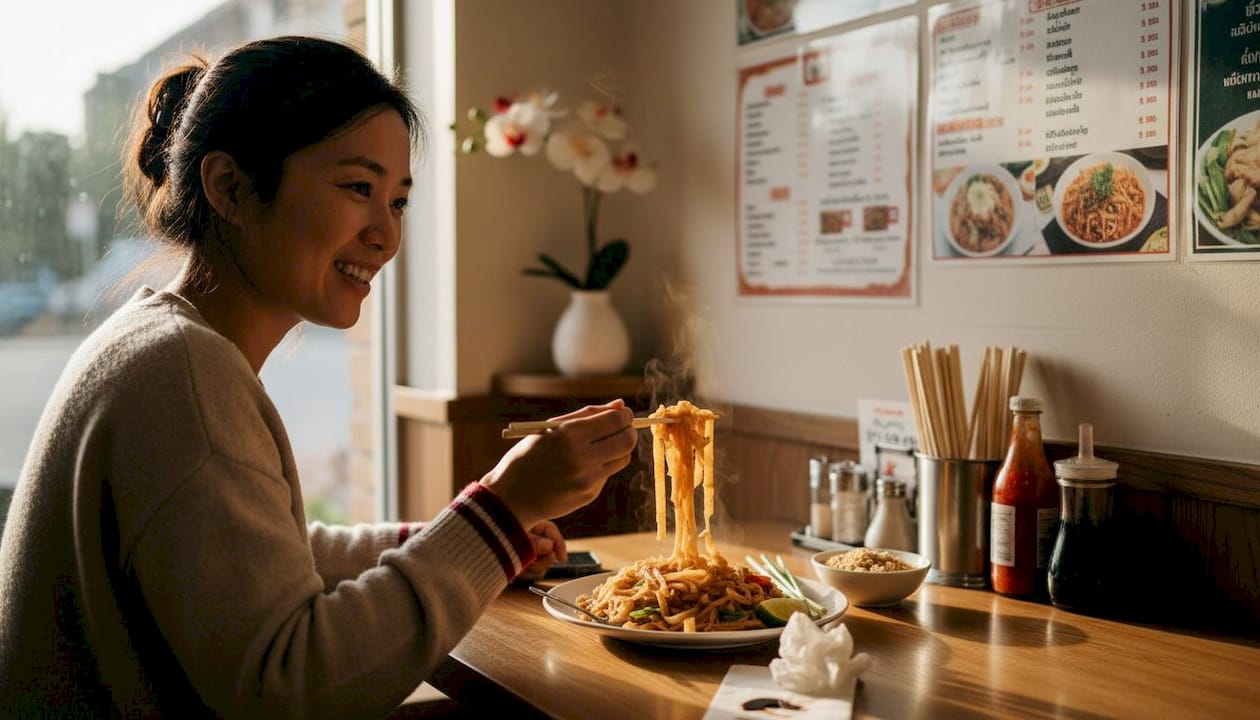 Diner eating wide rice noodles Pad Thai