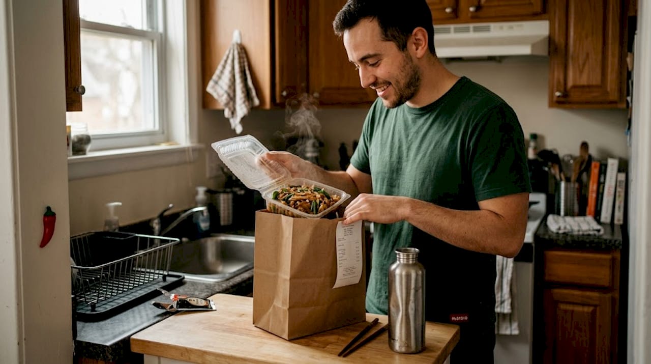 Man unpacking Thai takeout in kitchen