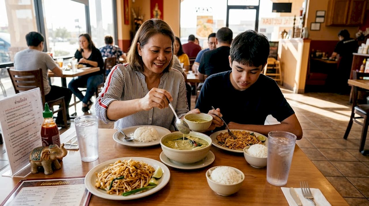 Family dining at Thai restaurant during lunch