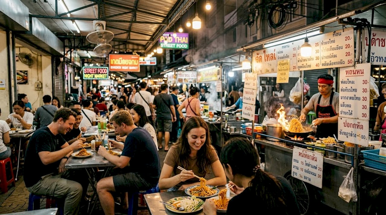 Busy Bangkok street food market at dusk