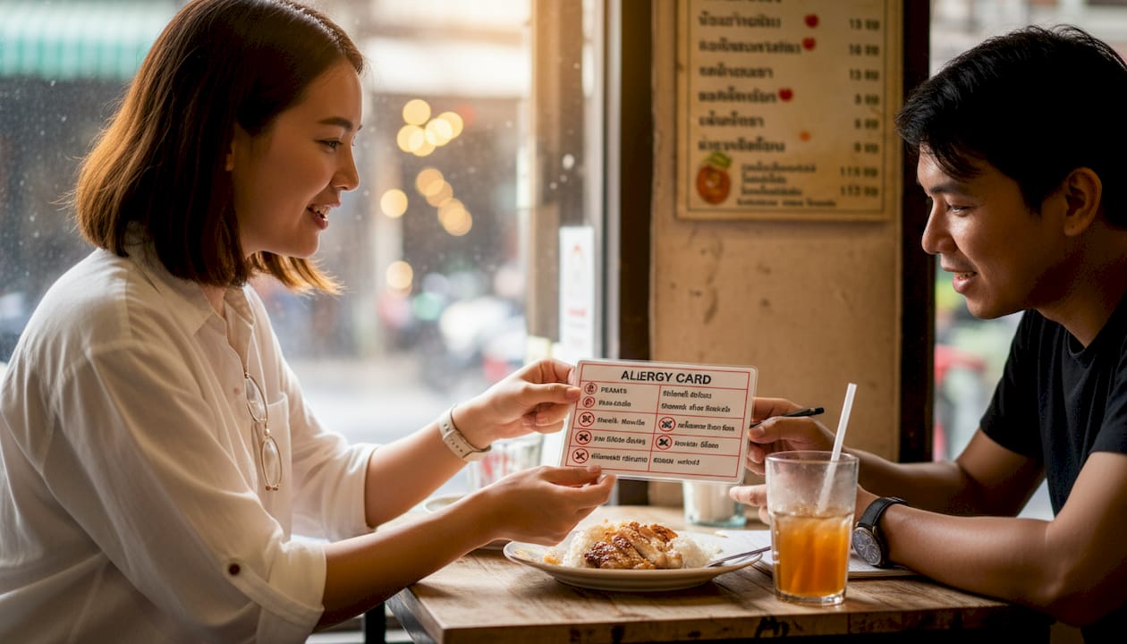 Guest shares allergy card with Thai restaurant server