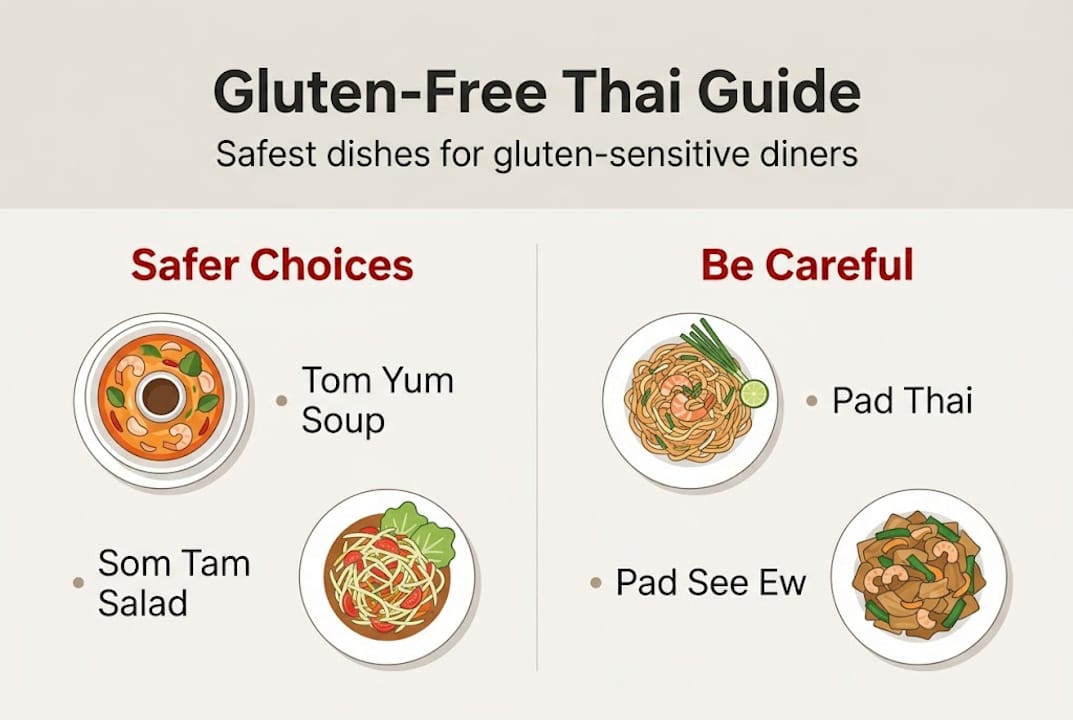 Infographic showing safe and risky gluten-free Thai dishes