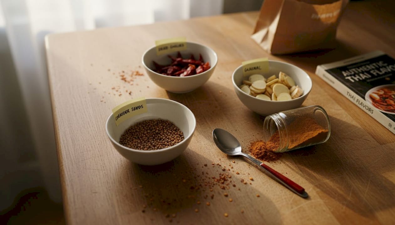 Various Thai spice ingredients on table