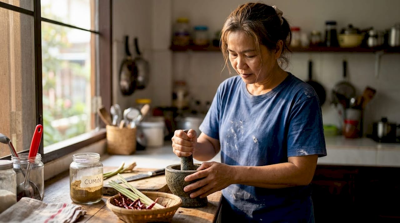 Home cook grinding Thai spices in kitchen